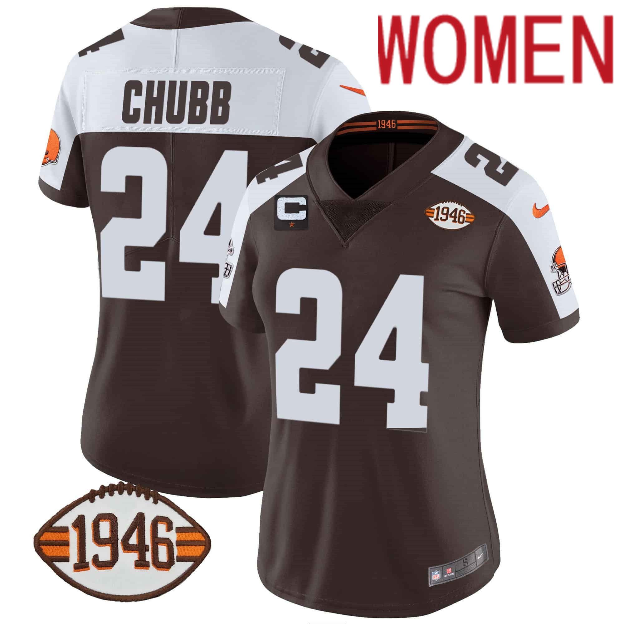 Women Cleveland Browns 24 Chubb Brown 1946 75th Anniversary Patch 2024 Nike NFL Jersey